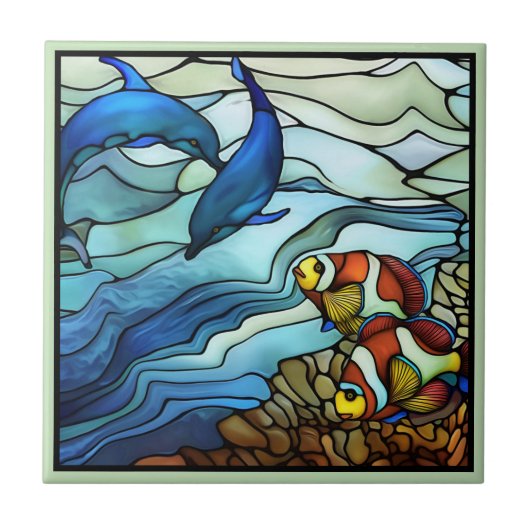 アールヌーボーピエロ魚とイルカのステンドグラス タイル (正面)