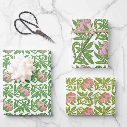 アールヌーボーピンクのユリの壁紙 ラッピングペーパーシート (正面)