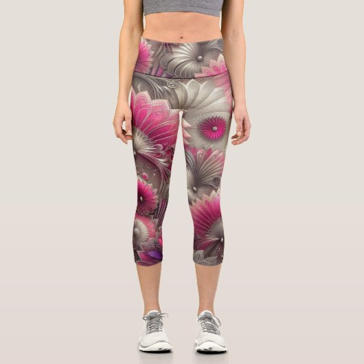 アールヌーボーピンクファンとシルバーファン カプリレギンス (正面)