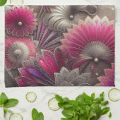 アールヌーボーピンクファンとシルバーファン キッチンタオル (折り畳み)