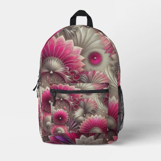 アールヌーボーピンクファンとシルバーファン プリントバックパック (正面)