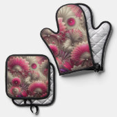 アールヌーボーピンクファンとシルバーファン 鍋つかみ&鍋敷きセット (正面/裏面)