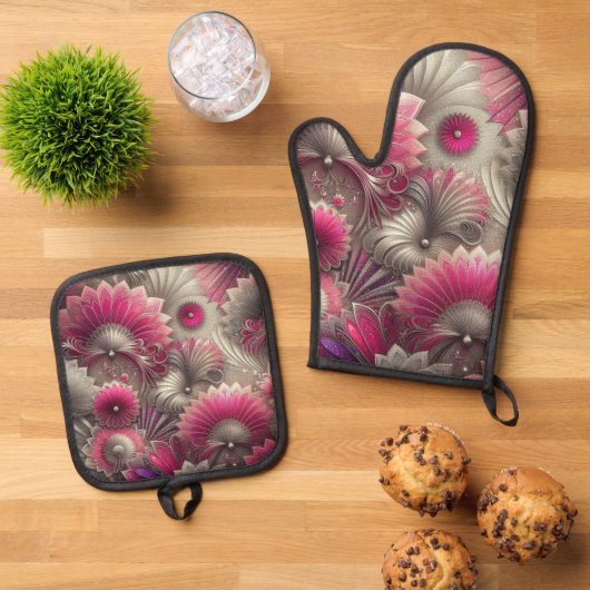 アールヌーボーピンクファンとシルバーファン 鍋つかみ&鍋敷きセット (トップダウン)