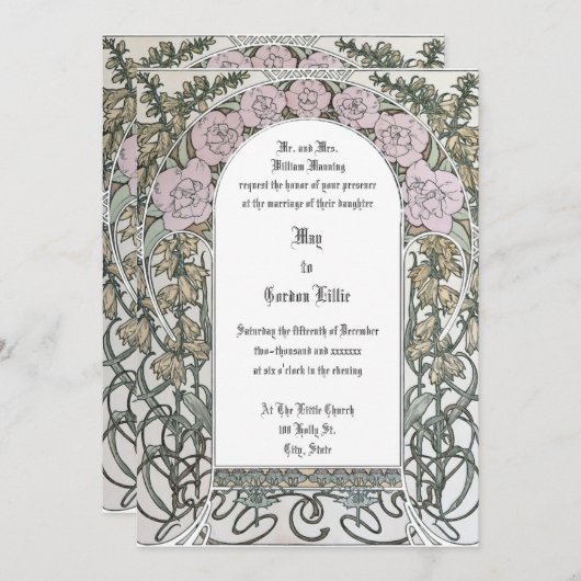 アールヌーボーピンク縁どフローラバイアルフォンスミュシャ 招待状 (正面/裏面)