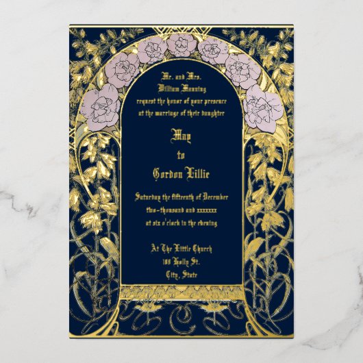 アールヌーボーピンク縁どフローラバイアルフォンスミュシャ 箔招待状 (正面)