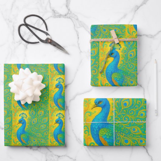 アールヌーボーピーコックイエローダマスクパターン ラッピングペーパーシート (正面)