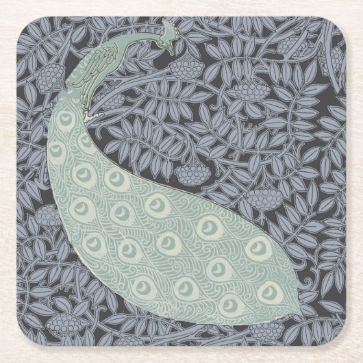 アールヌーボーピーコッククラシックヴィンテージバード スクエアペーパーコースター (正面)