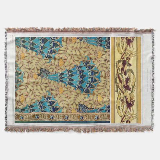 アールヌーボーピーコックテキスタイルデコヴェルヌアイルブルー スローブランケット (正面)