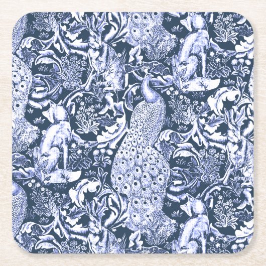 アールヌーボーピーコックプリントネイビー&ホワイト スクエアペーパーコースター (正面)