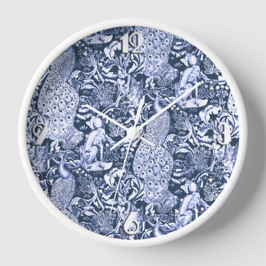アールヌーボーピーコックプリントネイビー&ホワイト 壁時計 (正面)
