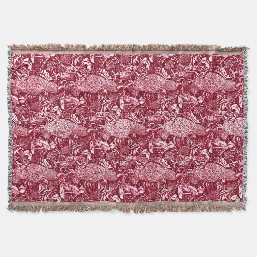 アールヌーボーピーコックプリントバーガンディーワイン スローブランケット (正面)