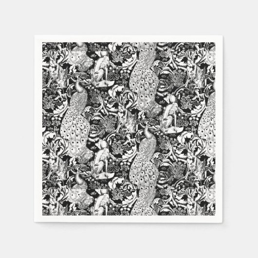 アールヌーボーピーコックプリント白黒 スタンダードカクテルナプキン (正面)