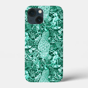 アールヌーボーピーコックプリント、ターコイズアンドアクア iPhone 13 MINIケース
