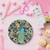 アールヌーボーピーコックプリント、ターコイズ&ニュートラル ペーパープレート (パーティー)