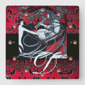 アールヌーボーファウンレッドバーガンディブラックダマスク スクエア壁時計 (正面)