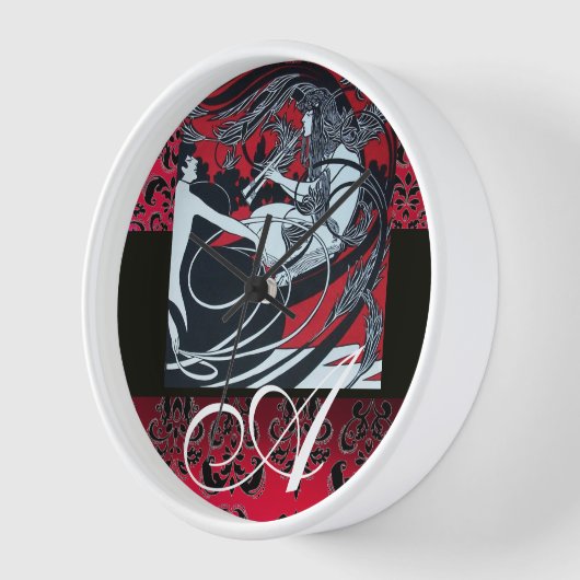 アールヌーボーファウンレッドバーガンディブラックダマスク 壁時計 (傾斜)