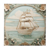 アールヌーボーフェイクレリーフ、 浮き彫りアンティーク帆走海船 タイル (正面)