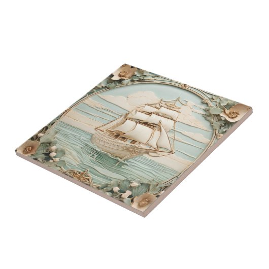 アールヌーボーフェイクレリーフ、 浮き彫りアンティーク帆走海船 タイル (側面)