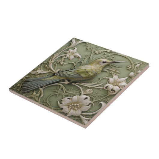 アールヌーボーフェイクレリーフ、 浮き彫りセージグリーンハミングバード タイル (側面)