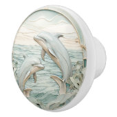 アールヌーボーフェイクレリーフ、 浮き彫りドルフィンズミントブルー&ホワイト セラミックノブ (右)