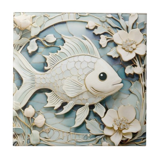 アールヌーボーフェイクレリーフ、 浮き彫り海魚右向き タイル (正面)