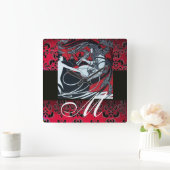 アールヌーボーフォーンレッドブルゴーニュ,ブラックダマスク スクエア壁時計 (ホーム)