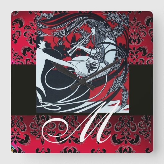 アールヌーボーフォーンレッドブルゴーニュ,ブラックダマスク スクエア壁時計 (正面)