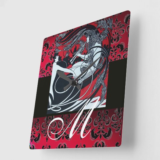 アールヌーボーフォーンレッドブルゴーニュ,ブラックダマスク スクエア壁時計 (傾斜)