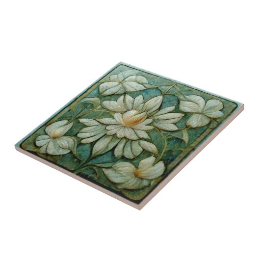 アールヌーボーフランスのホワイトフローラブルーヴィンテージアート タイル (側面)