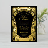 アールヌーボーフレームモノグラム結婚ズ黒金ゴールド 箔招待状 (立ち正面)