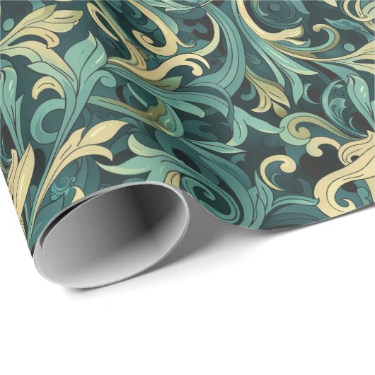 アールヌーボーフローラつる植物パターン、ティール(緑がかった色)&グリーン ラッピングペーパー (ロールコーナー)