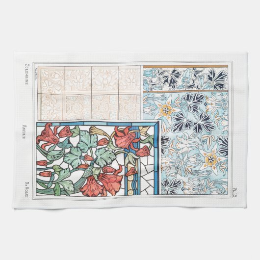 アールヌーボーフローラとタイル芸術のヴェルヌードブルー キッチンタオル (横)