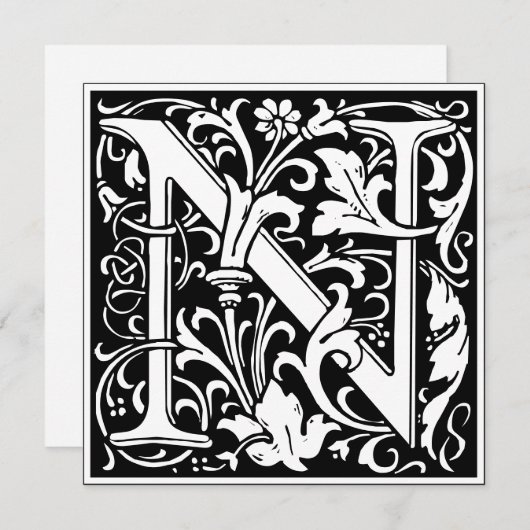 アールヌーボーフローラアルファベットモノグラム文字N 招待状 (正面/裏面)
