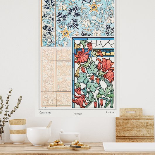アールヌーボーフローラステンドグラスとタイル芸術 ポスター (キッチン)