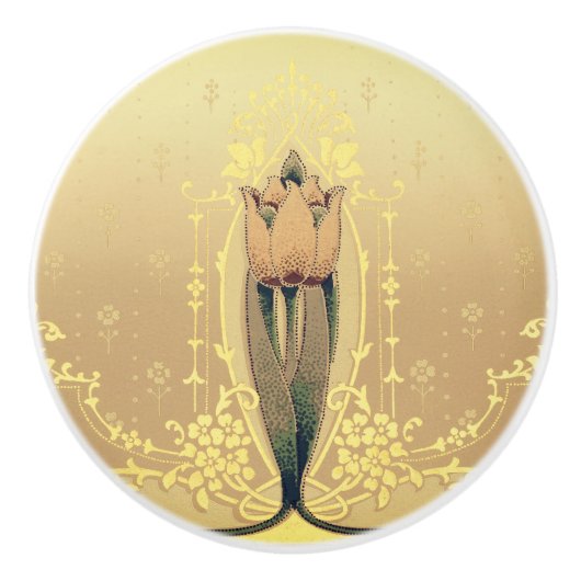 アールヌーボーフローラチューリップピンクと金ゴールドエレガント セラミックノブ (正面)