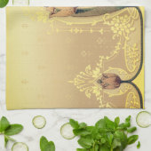 アールヌーボーフローラチューリップピンクと金ゴールド エレガント キッチンタオル (折り畳み)