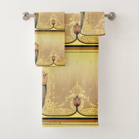 アールヌーボーフローラチューリップピンクと金ゴールド エレガント バスタオルセット (インサイチュ)