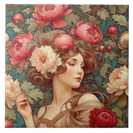 アールヌーボーフローラフルーツウーマンセラミックタイル タイル (正面)