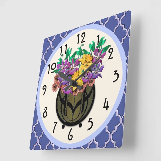 アールヌーボーフローラブーケフランスのとブルータイル スクエア壁時計 (傾斜)