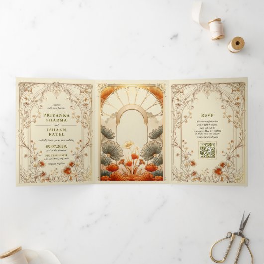 アールヌーボーフローラユニークのQRコードをすべて1つにまとめる 三つ折り招待状 (内部)