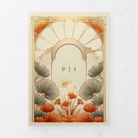 アールヌーボーフローラユニークのQRコードをすべて1つにまとめる 三つ折り招待状 (カバー)