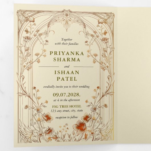 アールヌーボーフローラユニークのQRコードをすべて1つにまとめる 三つ折り招待状 (内部最初)