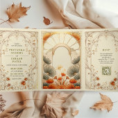 アールヌーボーフローラユニークのQRコードをすべて1つにまとめる 三つ折り招待状