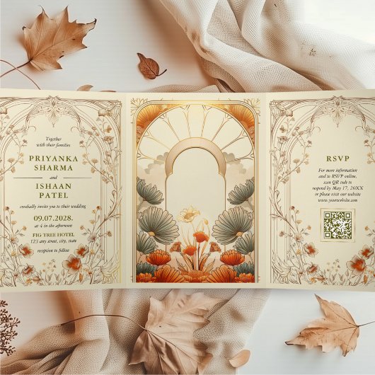 アールヌーボーフローラユニークのQRコードをすべて1つにまとめる 三つ折り招待状