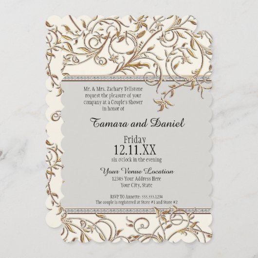 アールヌーボーフローラリーフスワールジュエルw金ゴールドルック 招待状 (正面/裏面)