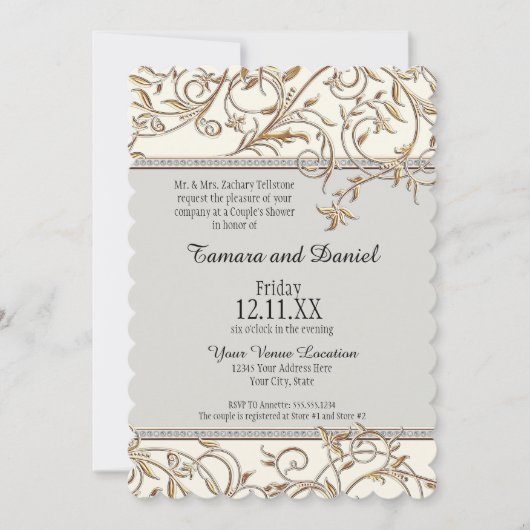 アールヌーボーフローラリーフスワールジュエルw金ゴールドルック 招待状 (正面)