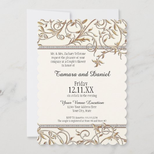 アールヌーボーフローラリーフスワールジュエルw金ゴールドルック 招待状 (正面)