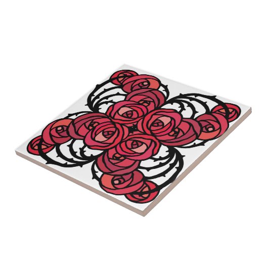 アールヌーボーフローラレッドとブラックバラつる植物デザイン タイル (側面)