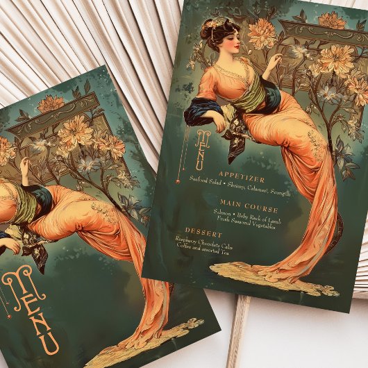 アールヌーボーフローラ女神メニューカードティール（緑がかった色）桃 招待状