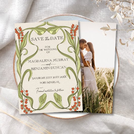 アールヌーボーフローラ枠オレンジグリーン写真 セーブザデート